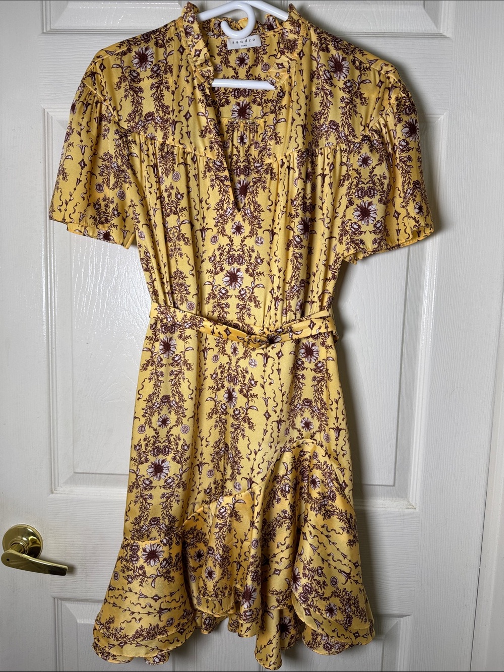 Sandro Yellow Floral Belted Mini Dress Sz 38